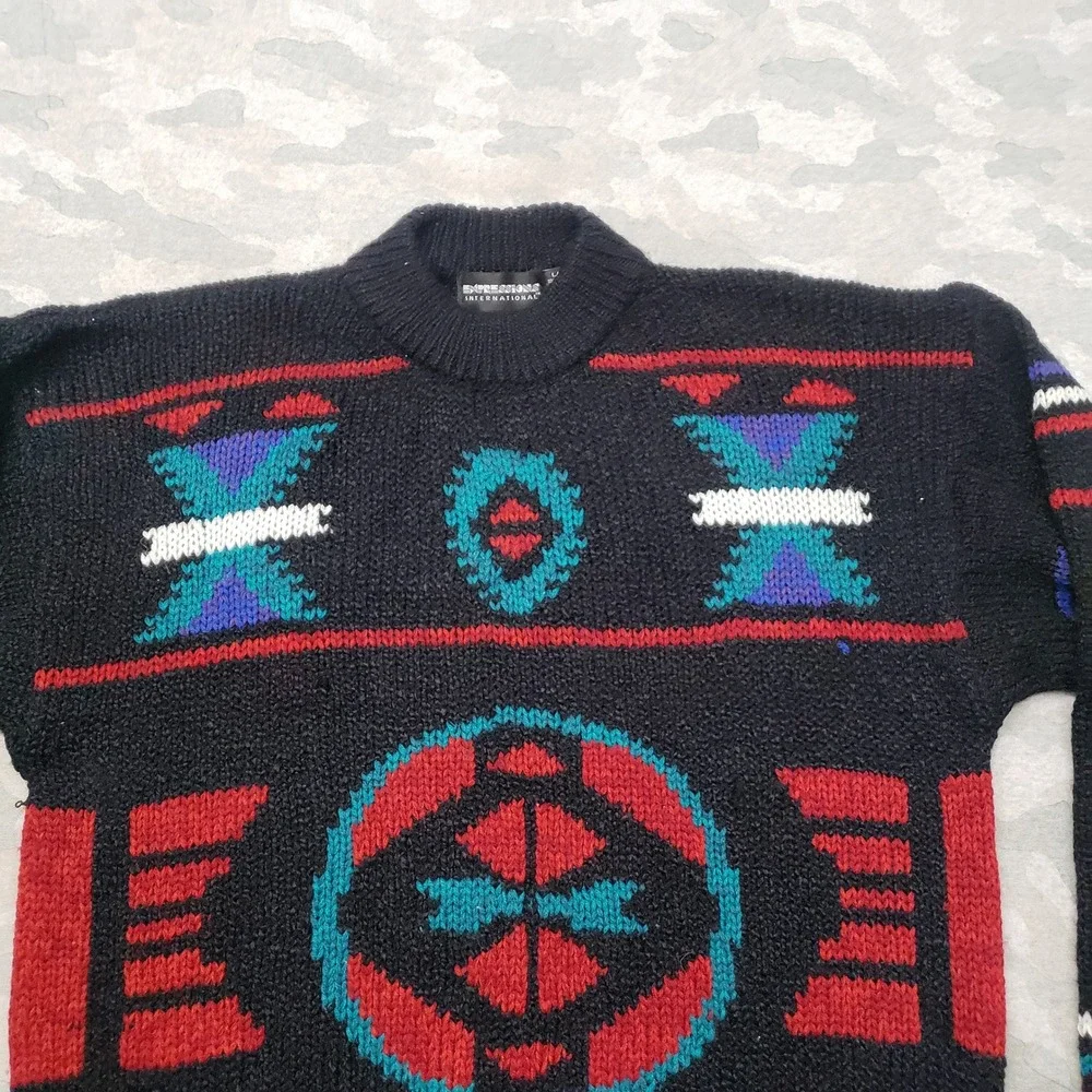 Vintage Expressions International Sweater Mens Large Black Pullover Geometric